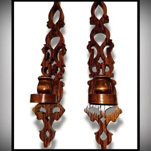 Vintage Wooden Wall Candle Holders | Ornate Scroll Cut Sconces | Set of 2